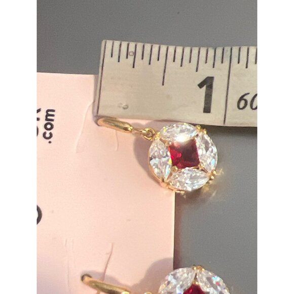 Gold Plated EdgeLook Ruby Red Clear Crystal Drop Earrings Hooks New on Card 1" - Picture 4 of 4